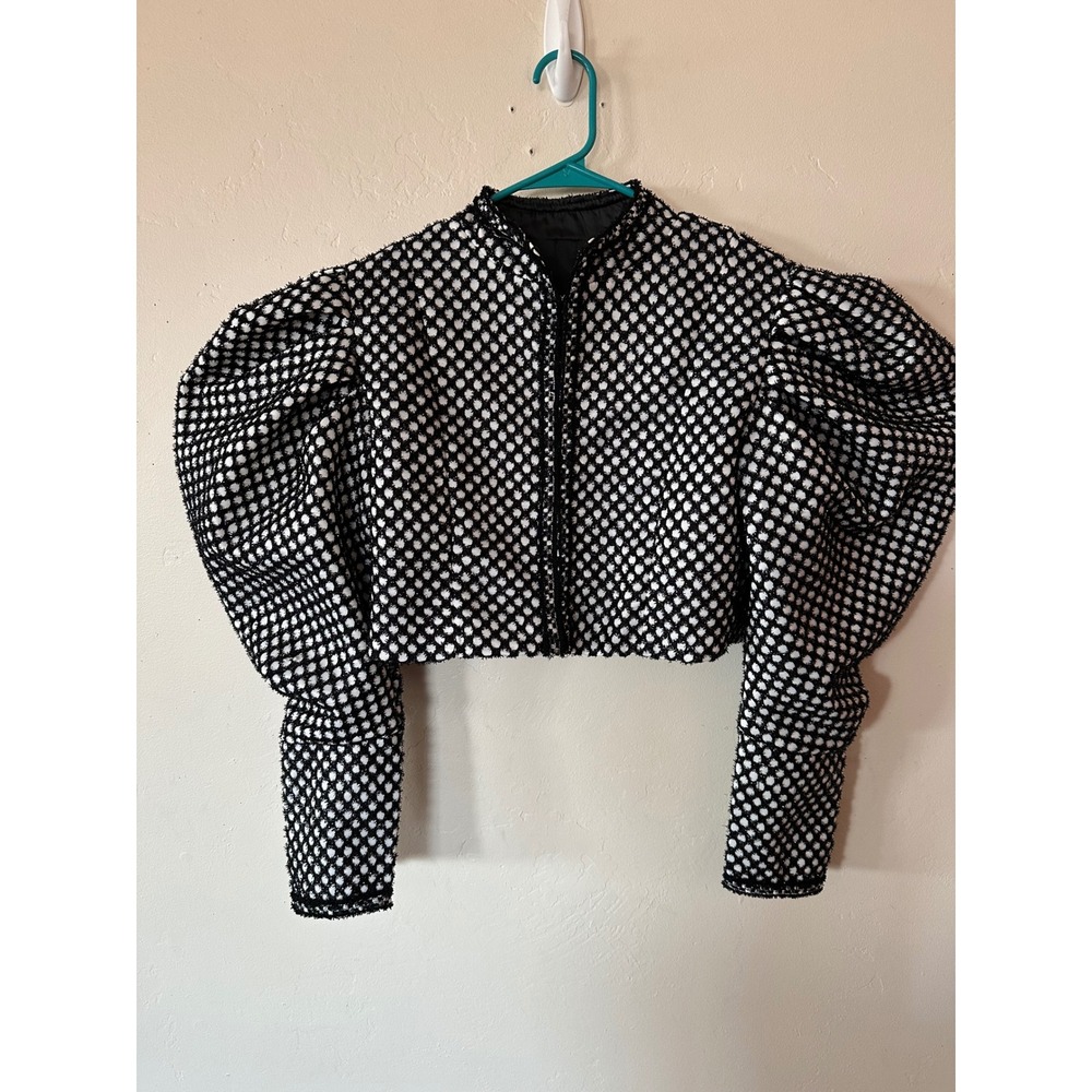 Unbranded Crop Jacket Women Small Black White Excellent Textured Puff Sleeve Dot
